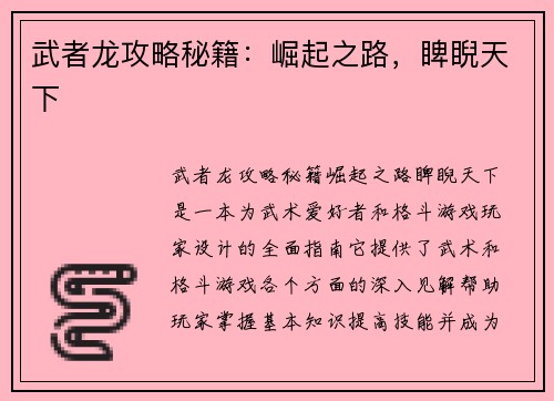 武者龙攻略秘籍：崛起之路，睥睨天下